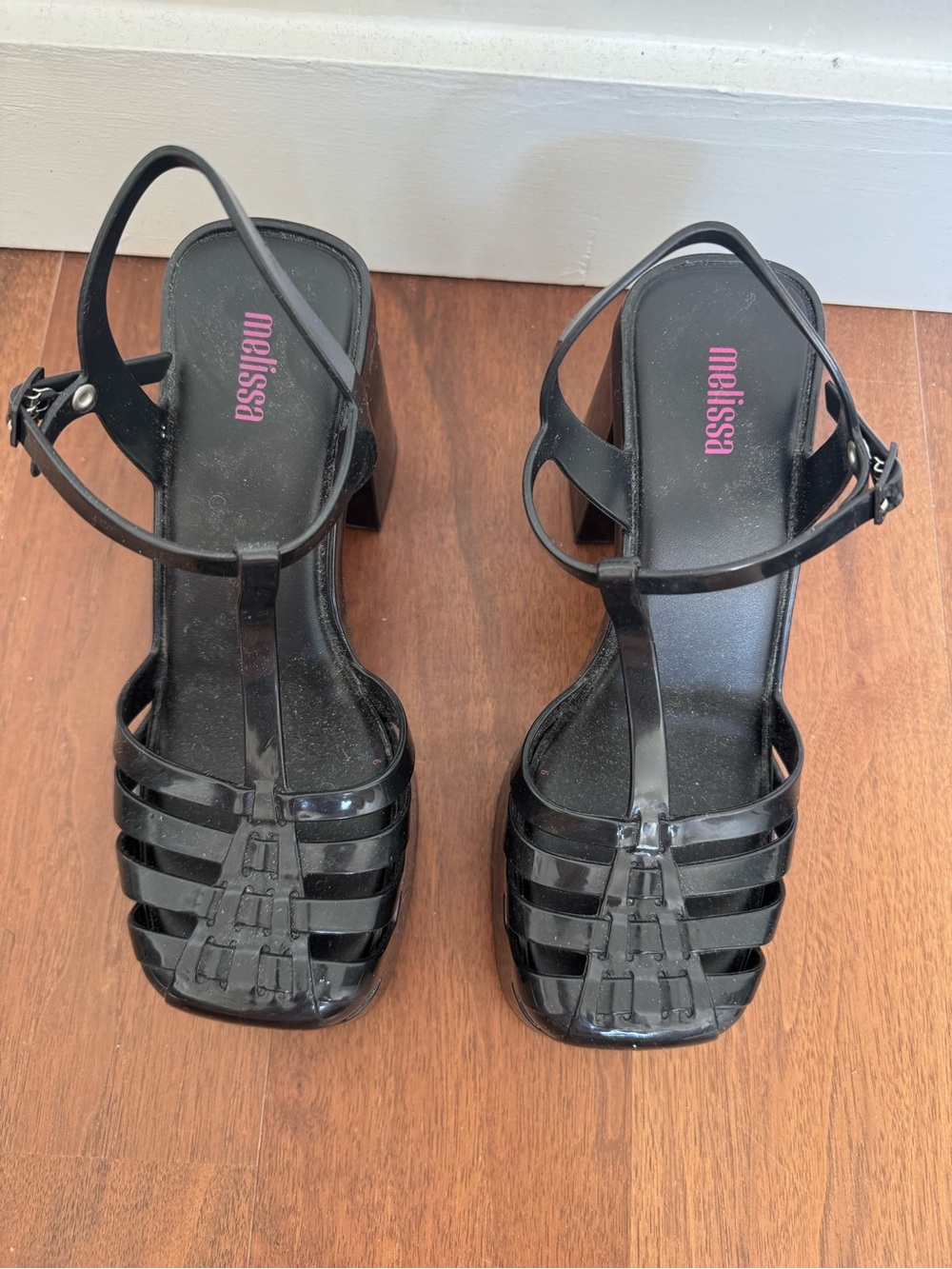 Melissa Black Glossy Platform T-Strap Block Heels - Picture 2 of 5